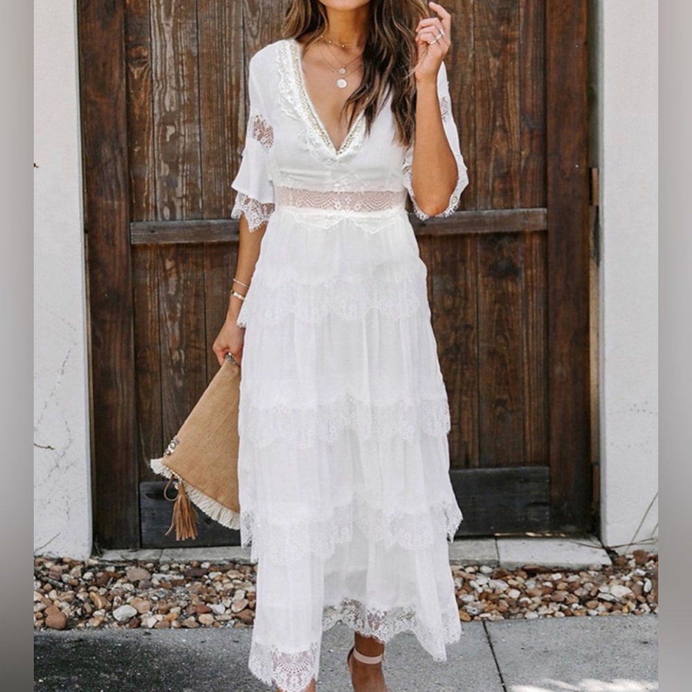 Womens Lace A Line white dress